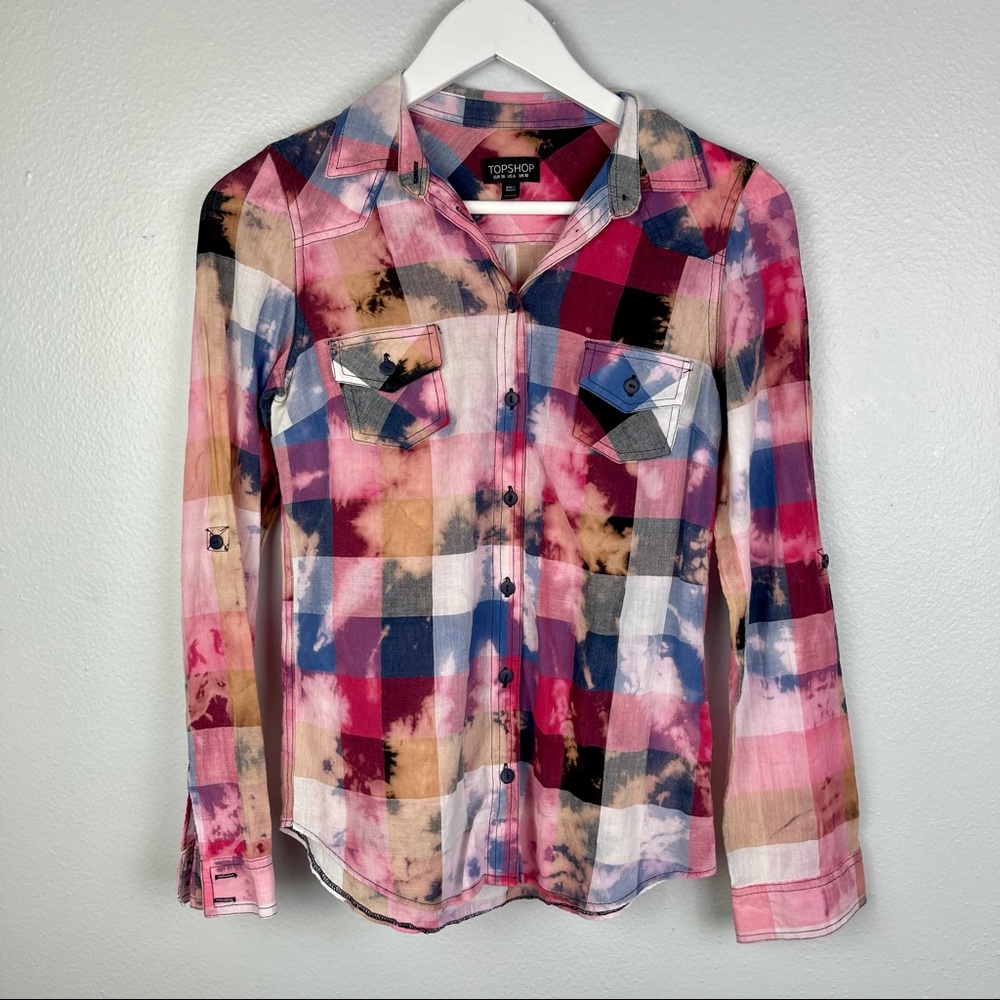 CUSTOM Bleach Tie Dye TOPSHOP Button Down Plaid Shirt | Sz 6